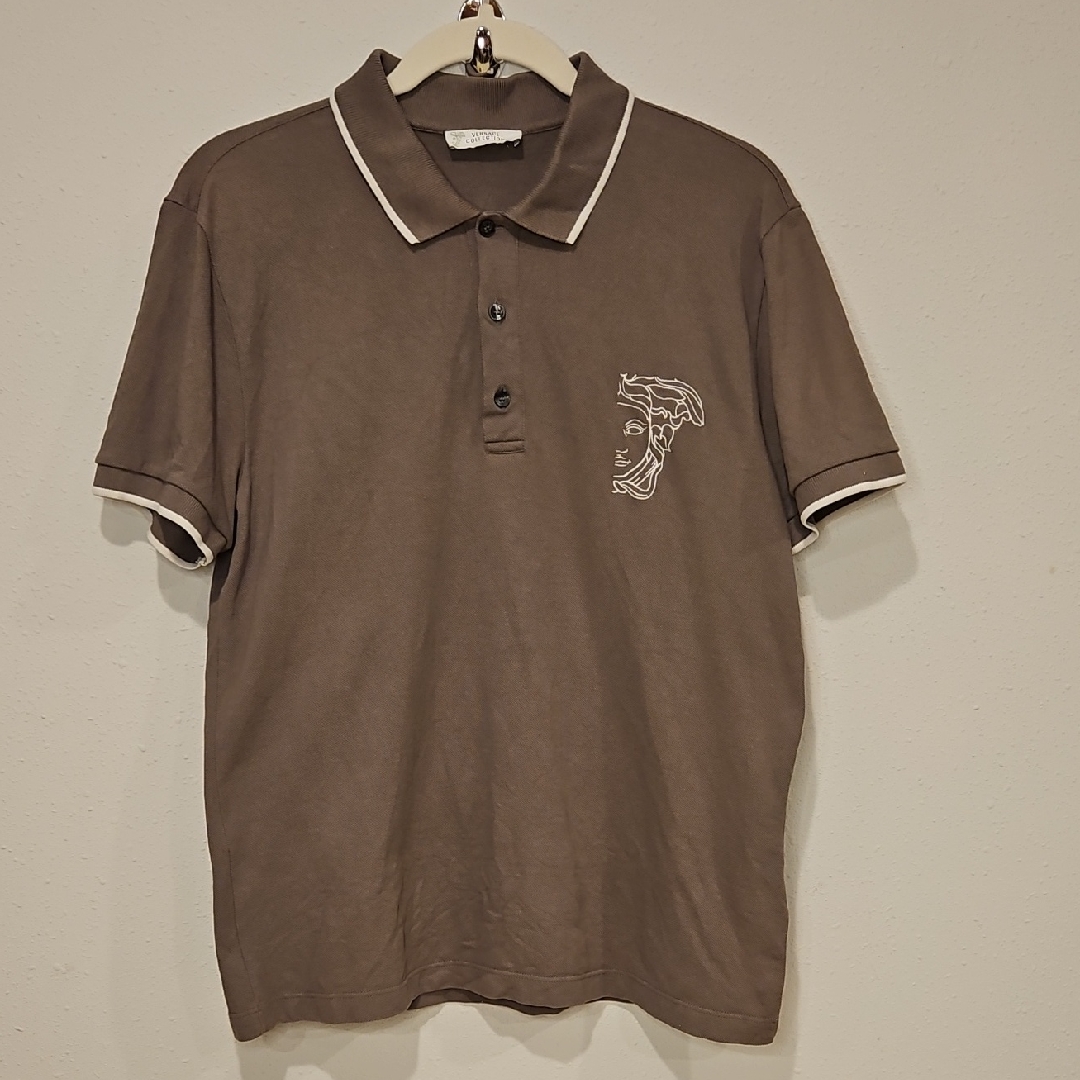 Versace Medusa Brown Gray Polo Shirt White Trim Sz. M